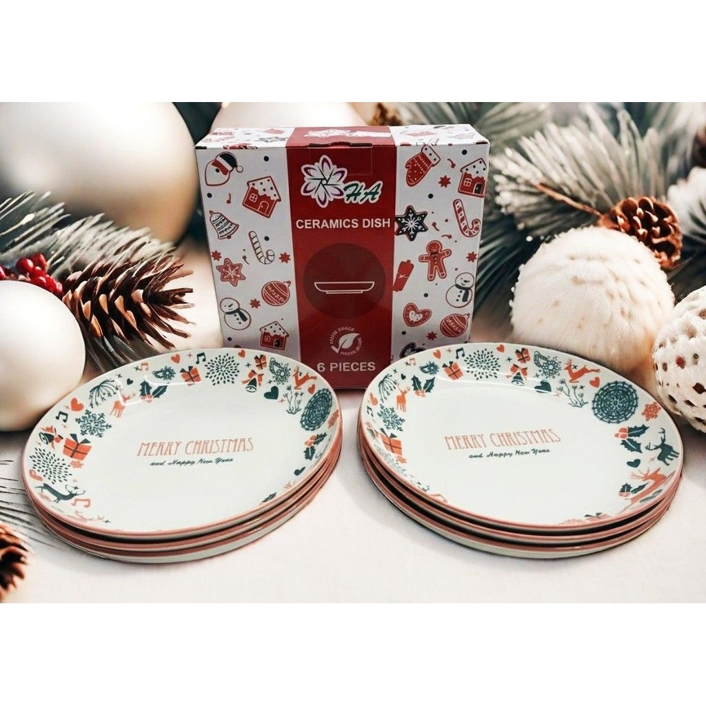 (INSTANT) Piring Keramik Motif Natal | Piring Cantik | Piring Parcel Natal ukuran 8"