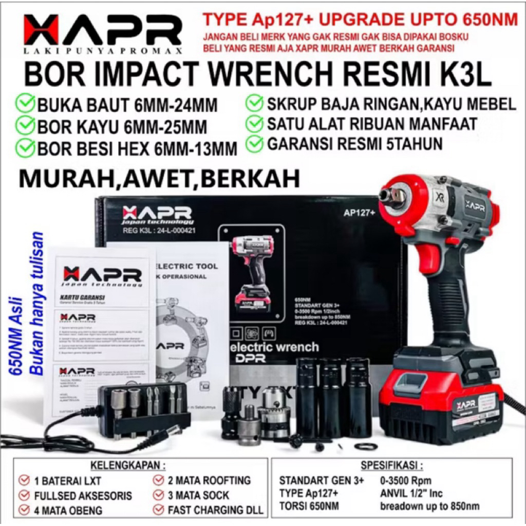 IMPACT WRENCH APR AP127+ 650NM IMPACT APR 650NM MESIN BUKA BAUT MOBIL MOTOR APR 1BATERAI
