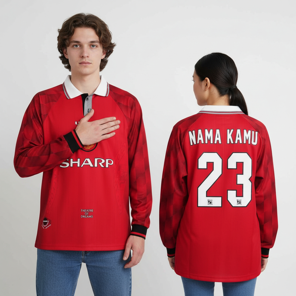 Jersey Retro LongSleve Mnchstr Untd Home 1996 1997 Long Sleeve LS Lengan Panjang Sharp Baju Bola Mer