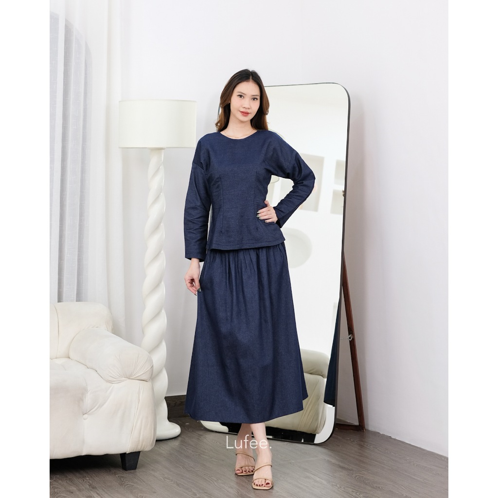 DAISHI Set- Fitted Top | One Set| Atasan Wanita | Rok Wanita Denim On Denim by Lufee.