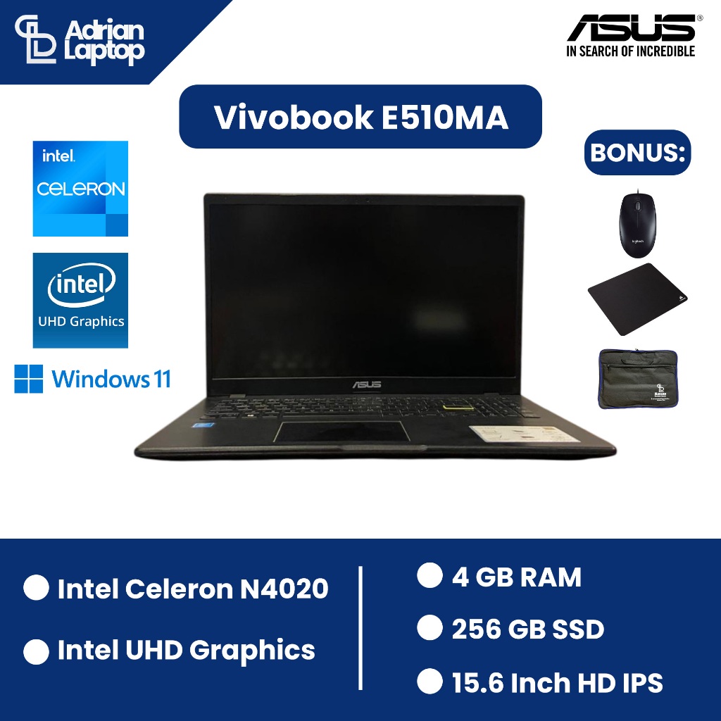 Laptop Second Asus Vivobook E510MA | Intel Celeron N4020 | RAM 4GB |SSD 256 GB | Berkualitas & Berga