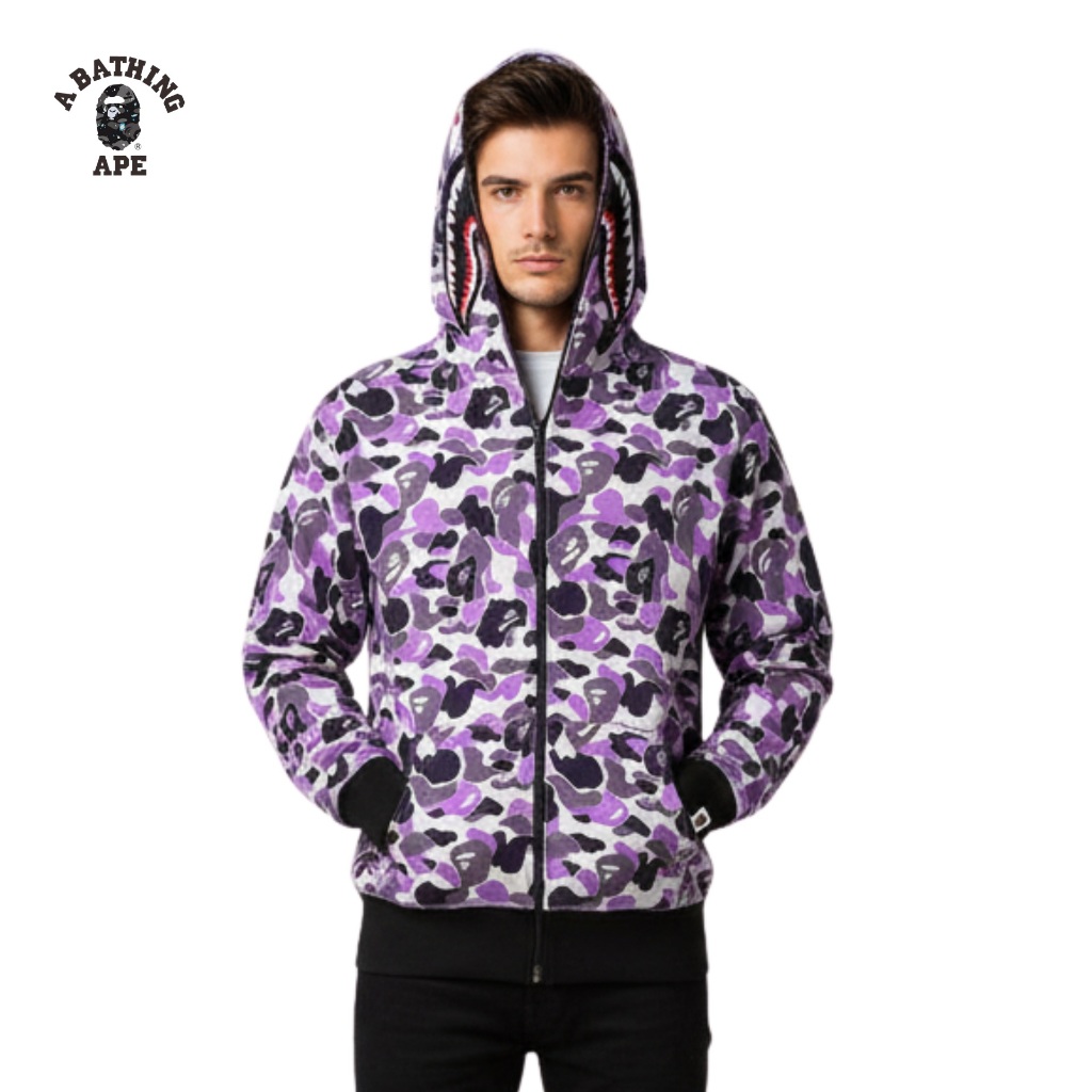 Jaket Hoodie Zipper Bape Shark Full Print Motif Camo Ungu Pria Wanita Murah