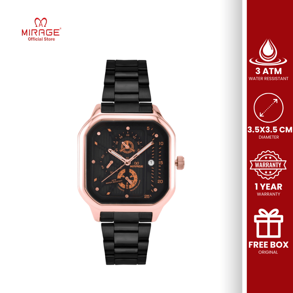 Mirage Jam Tangan Pria Analog Segi Chrono Formal Klasik Hitam Rosegold Anti Air Bergaransi 8853 M