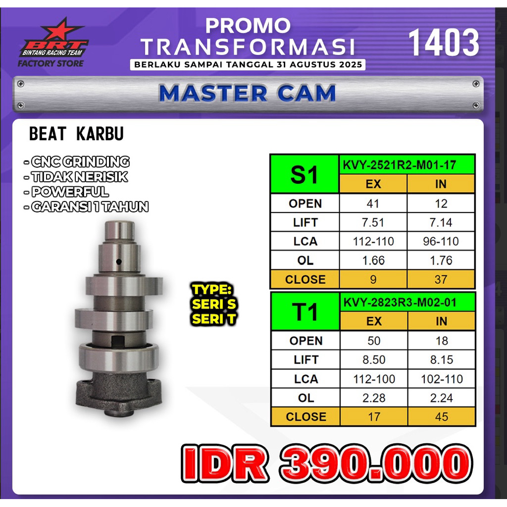 ( BRT ) NOKEN AS BRT Beat Karbu / Scoopy Karburator / Spacy S8 T1 R1 Master Cam - ORIGINAL