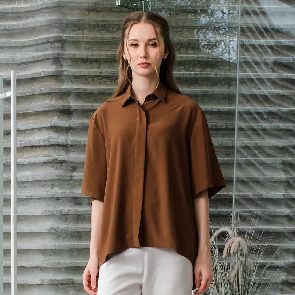 Asiro Becca Top Linen Kemeja Atasan Wanita Terbaru Kemeja Oversize Lengan Pendek Kemeja Polos Baju L