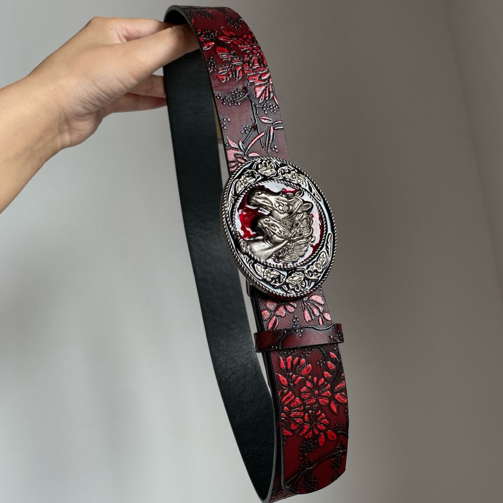Ikat Pinggang Gesper Retro Punk Kuda Merah | Sabuk Pria Wanita | Tali Pinggang Moon Star | Belt Vint
