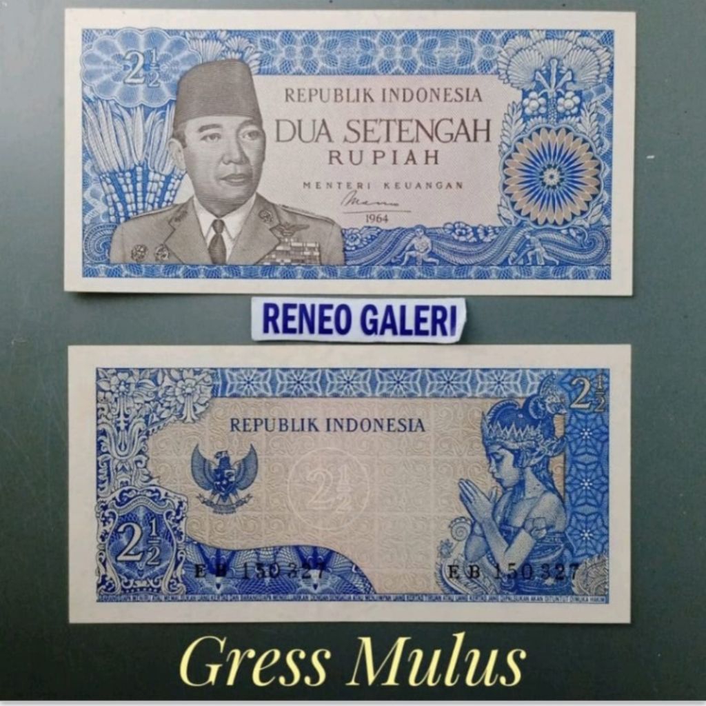 Mulus Asli 2½ Rupiah Seri Sukarno Tahun 1964 2,5 1/2 Soekarno uang kertas kuno Rp duit jadul lawas l