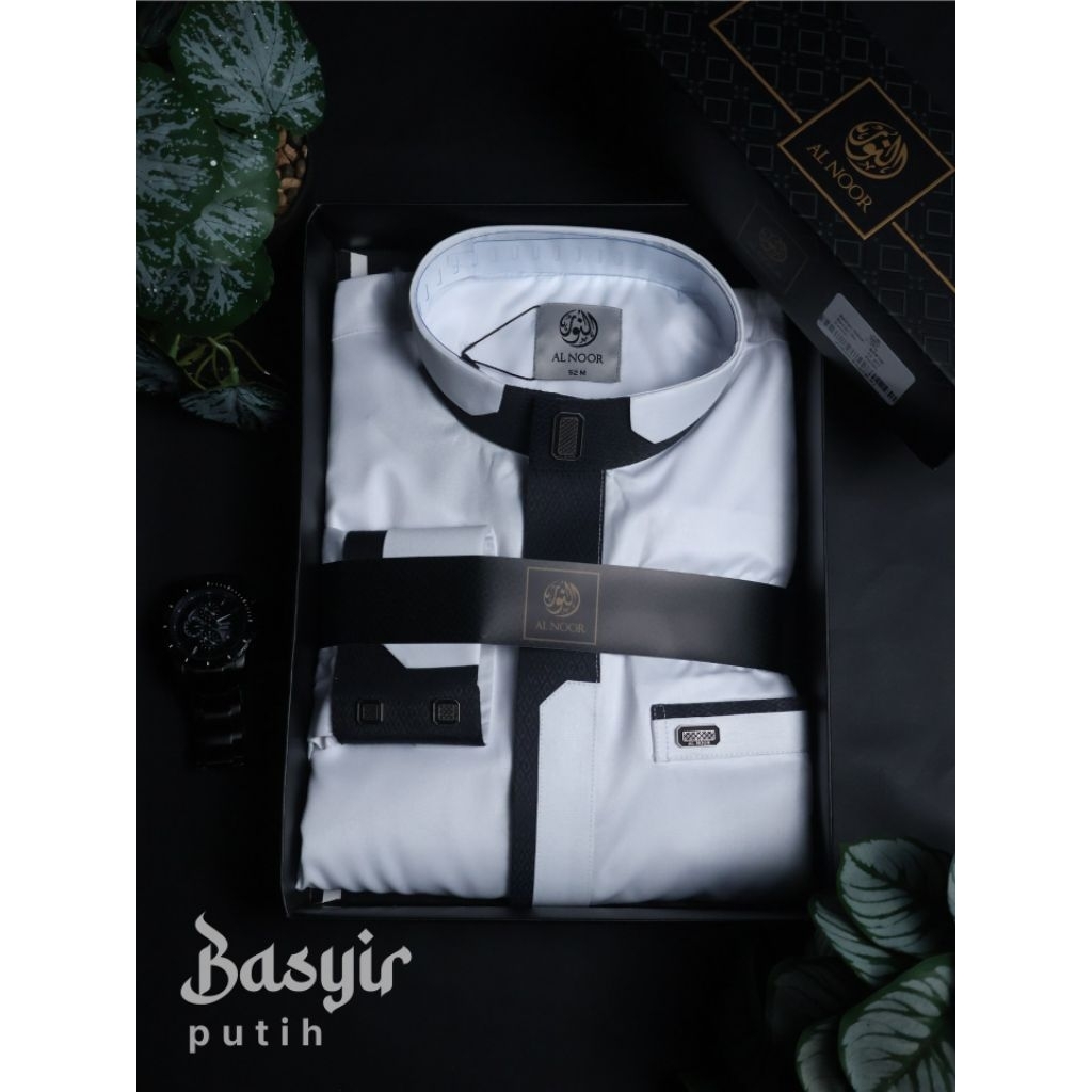 Jubah Alnoor Putih Hitam Kombinasi Lengan Manset