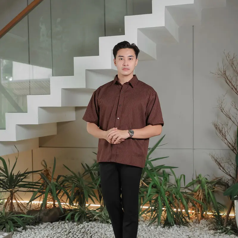 Kemeja Lengan Pendek Flame Oversize Semi Wool Salur - Kemeja semi wool garis garis