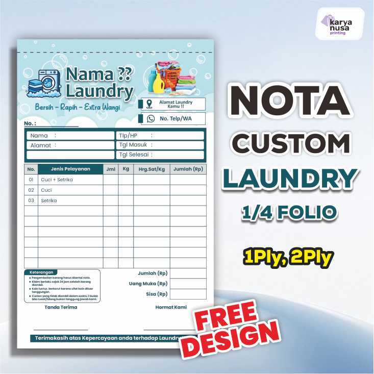 Nota Custom Laundry Ukuran 1/4 F4 isi 50 Lembar - Buku Kwitansi Laundry Kiloan NCR 2 Ply & 1 Ply - C