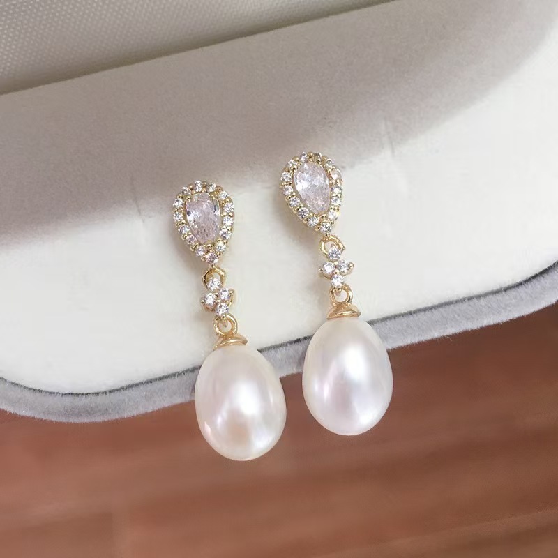 Mangga Anting mutiara air tawar alami, perak sterling 925, berlapis emas 18K, anting mutiara zirkon 