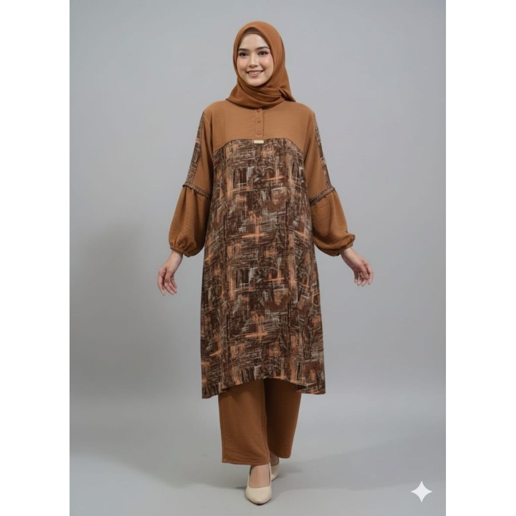 setelan celana tunik crinkle motif kombinasi/one set tunik jumbo terbaru/setcel long tunik masa kini
