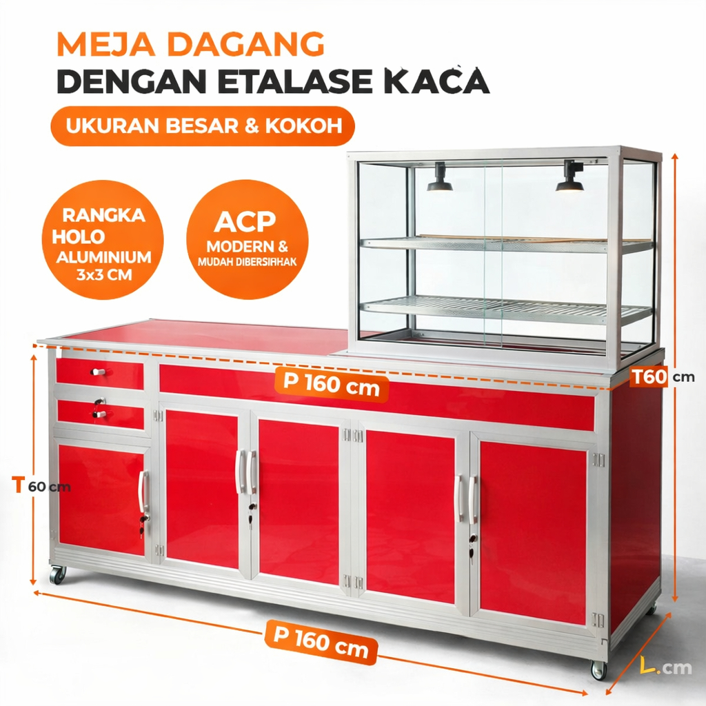 Etalase Fried Chicken Aluminium + Kaca | Meja Jualan Ayam Crispy | Rangka Holo 3x3 ACP