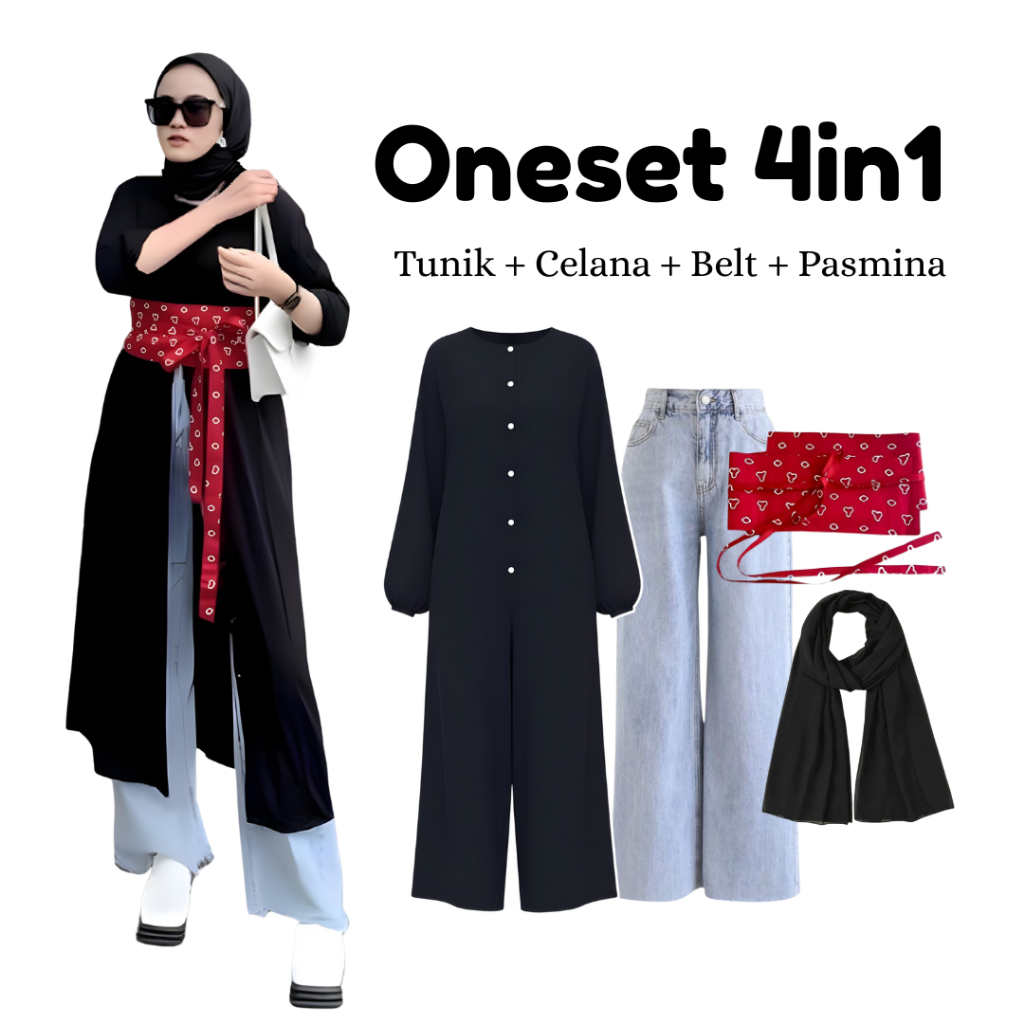 One Set 3in1 tunik celana jeans pasmina ceruty obi belt | Outfit cewek perempuan wanita Hangout Leba