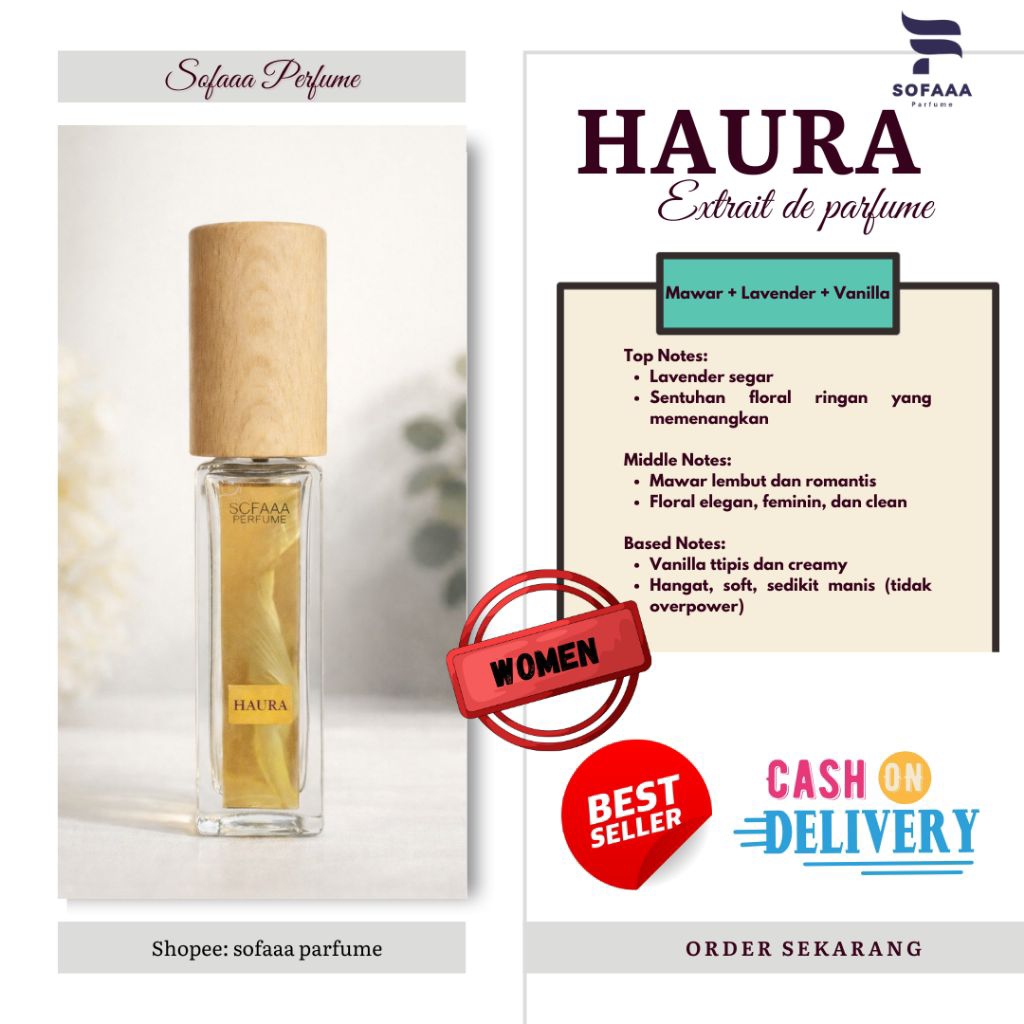 Parfum HAURA 10ml Extrait de Parfum | Mawar Lavender Vanilla | Soft & Elegant| Wangi Tahan Lama
