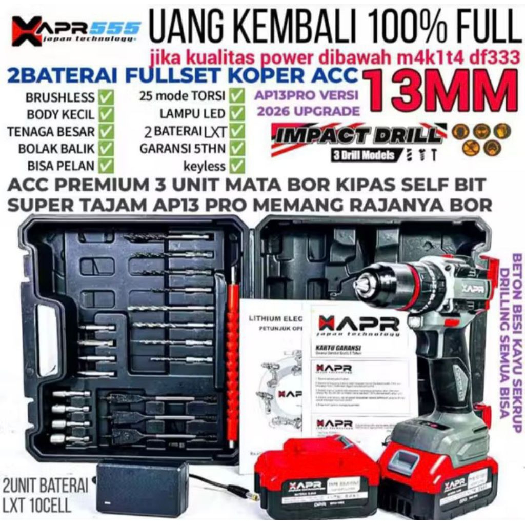 CORDLESS DRILL APR AP13 PRO 88V MESIN BOR BATERAI 88V APR AP13 PRO BOR BETON 13MM KEPALA BOR BESI AP