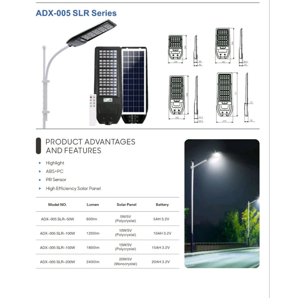 lampu jalan PJU Solar panel audalux 200watt ADX-005 LED IP65 putih