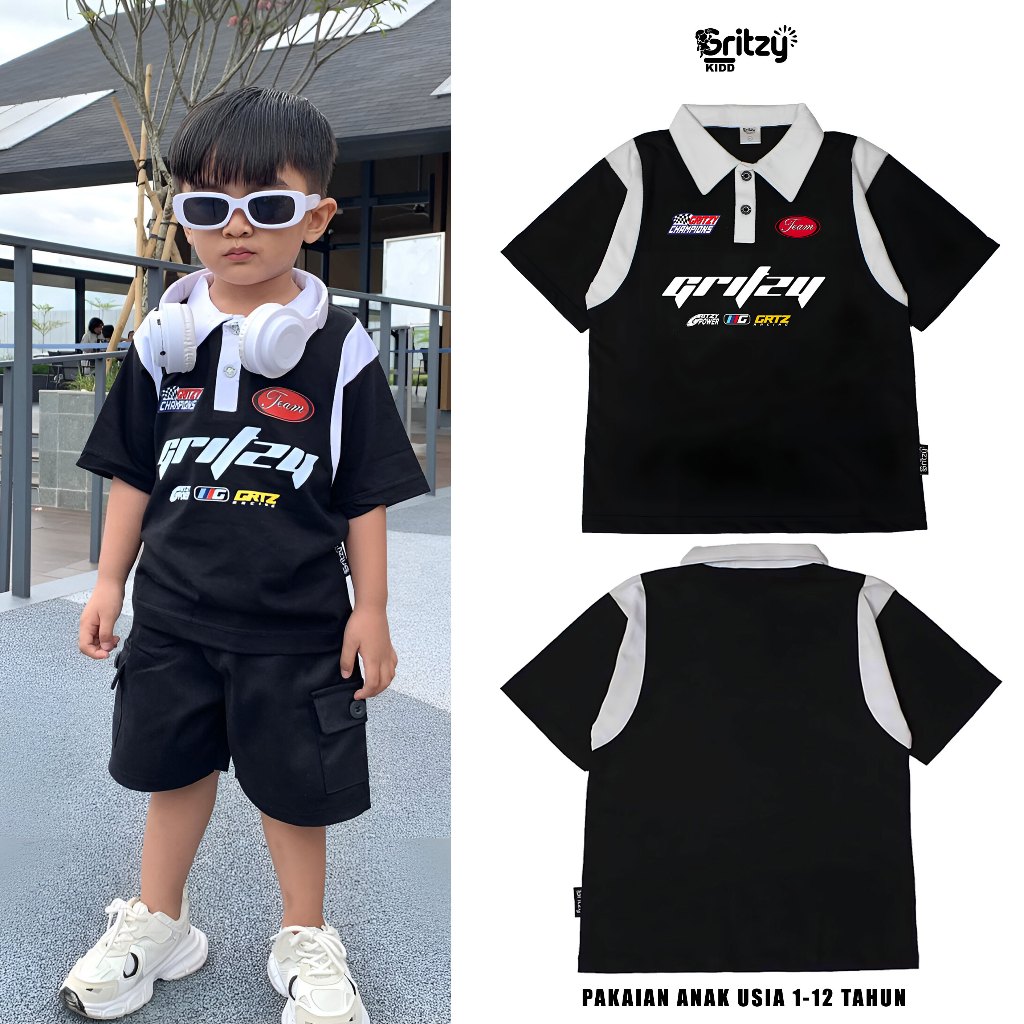 Gritzy Kidd Polo Rugby Anak Shirt Champions Black White Kaos Anak Oversize Wangki Wangky Polo Kids
