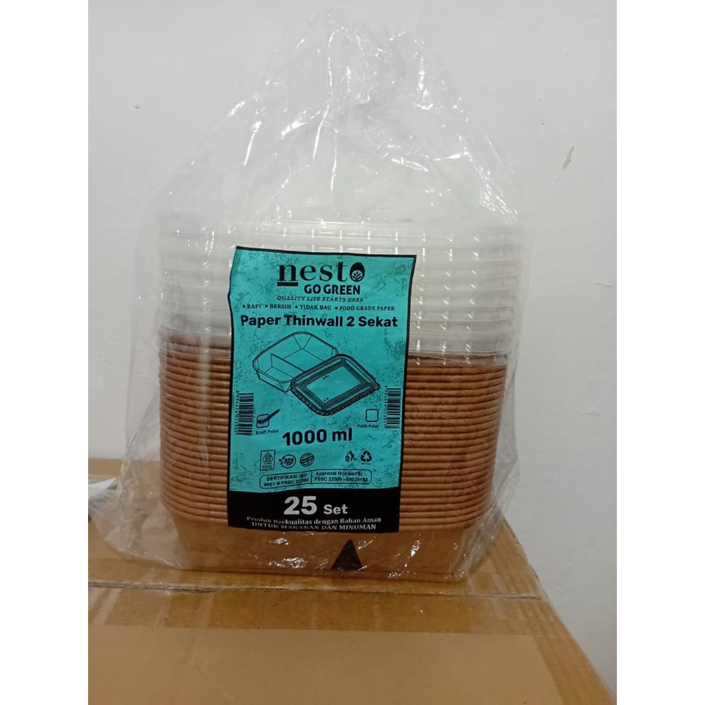 Paper Thinwall 2 Sekat Kraft 1000ml + Tutup (Isi 25 pcs) / Kotak Makan 2 Sekat 1000ml