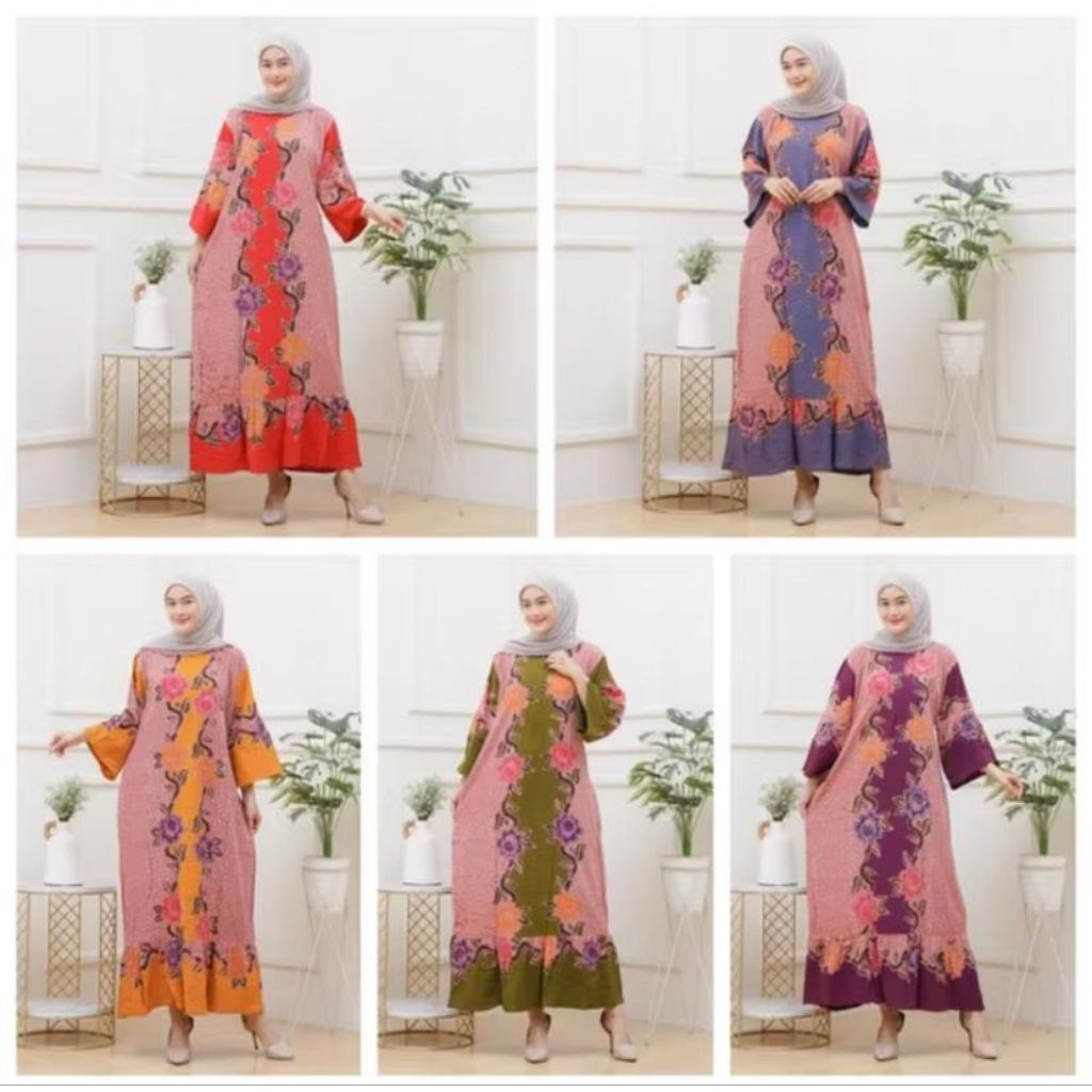 Gamis sekdres batik cap fun collor ||sekdres jumbo || sekdres kunyit motif || Wanita muslim Rayon su