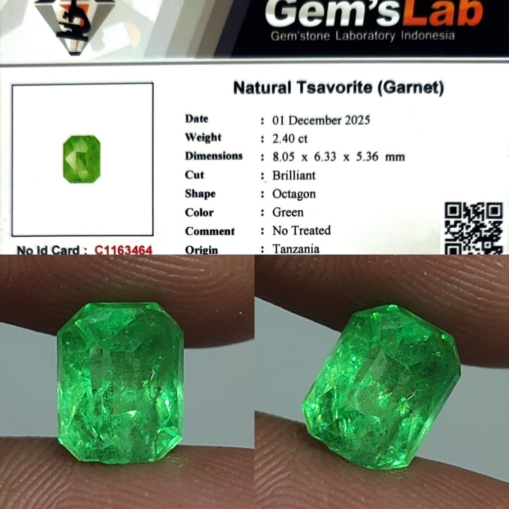 Natural Tsavorite Garnet 2.4ct GLI Top Crystall Good Luster Gemericik Nice Color Body Kaca Metalik B