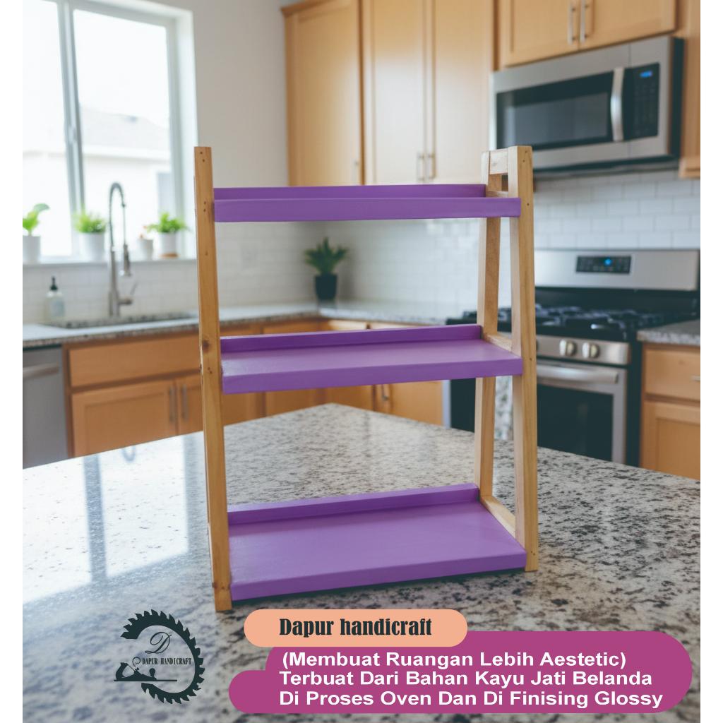 Rak Dengan Toples Bumbu Dapur Warna Ungu 3 Susun / Rak Kayu Jati Belanda Serbaguna Dengan Finising