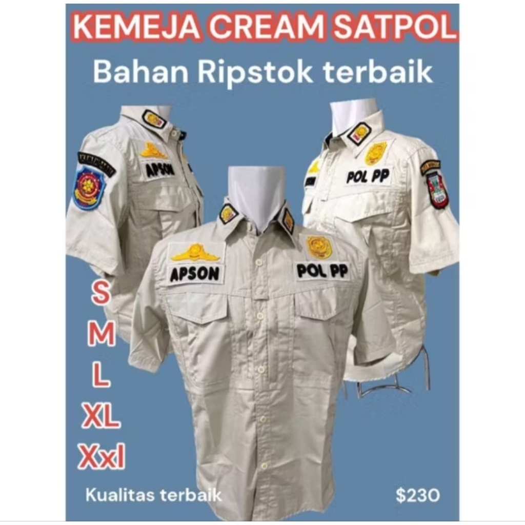 Kemeja Cream POL PP Pendek Terbaru Bahan Ripstok+atribut bordir premium