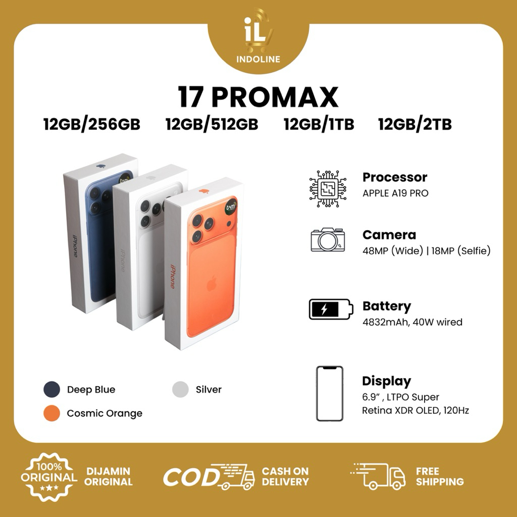 APPLE IPHONE 17 PRO MAX RAM 12/256GB OR 12/512GB OR 12/1TB OR 12/2TB A19 PRO CHIP GARANSI RESMI