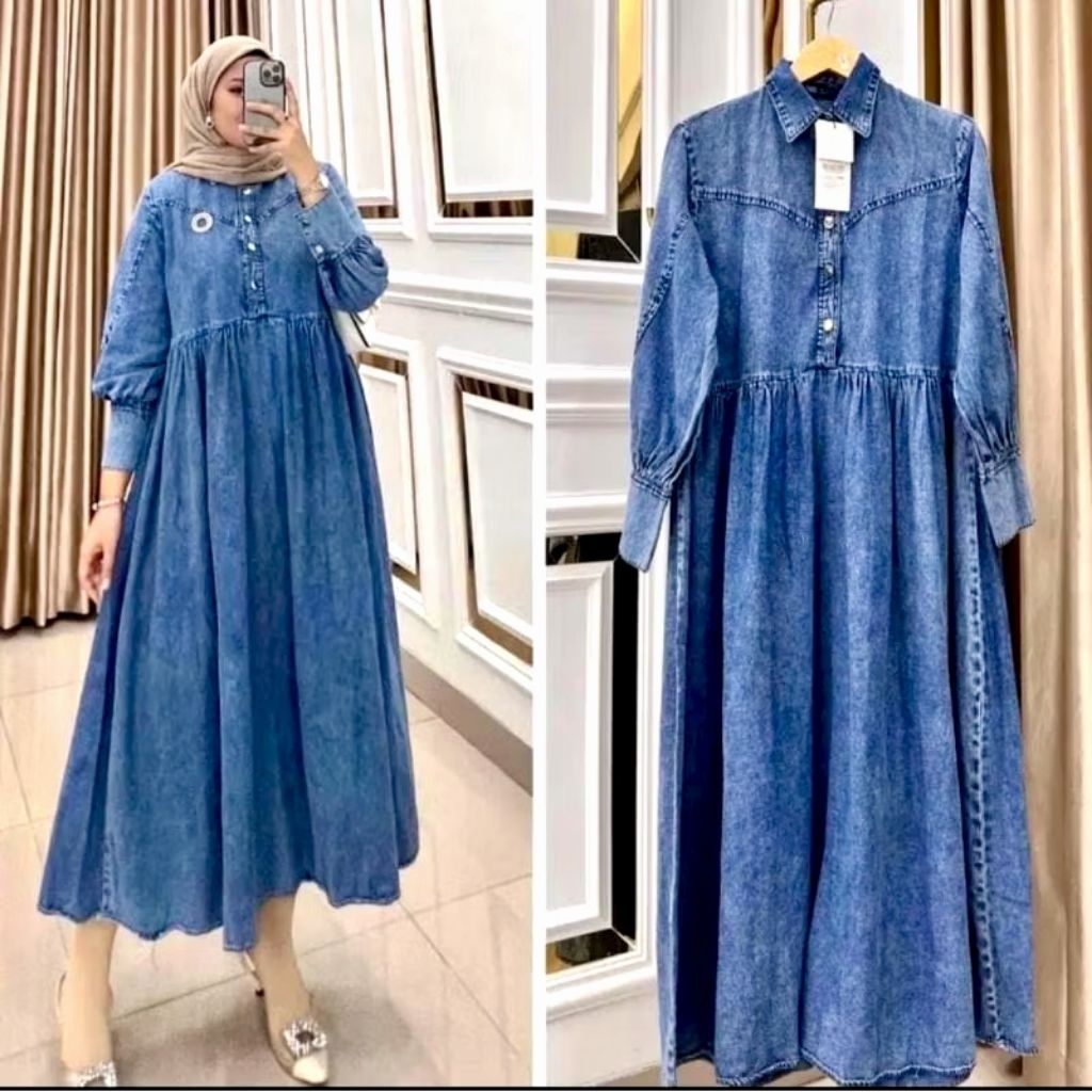 Keenan midi dress gamis jeans premium gamis jeans kekinian dress kekinian dress jeans midi dress