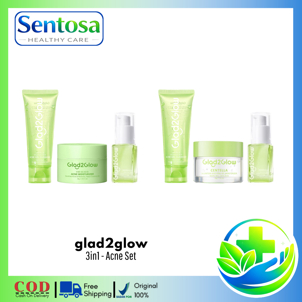 Glad2glow Paket 3pcs - Bundling 3in1 Acne Set - Cleanser Salicylic Acid Kiwi 3D Acid Centella