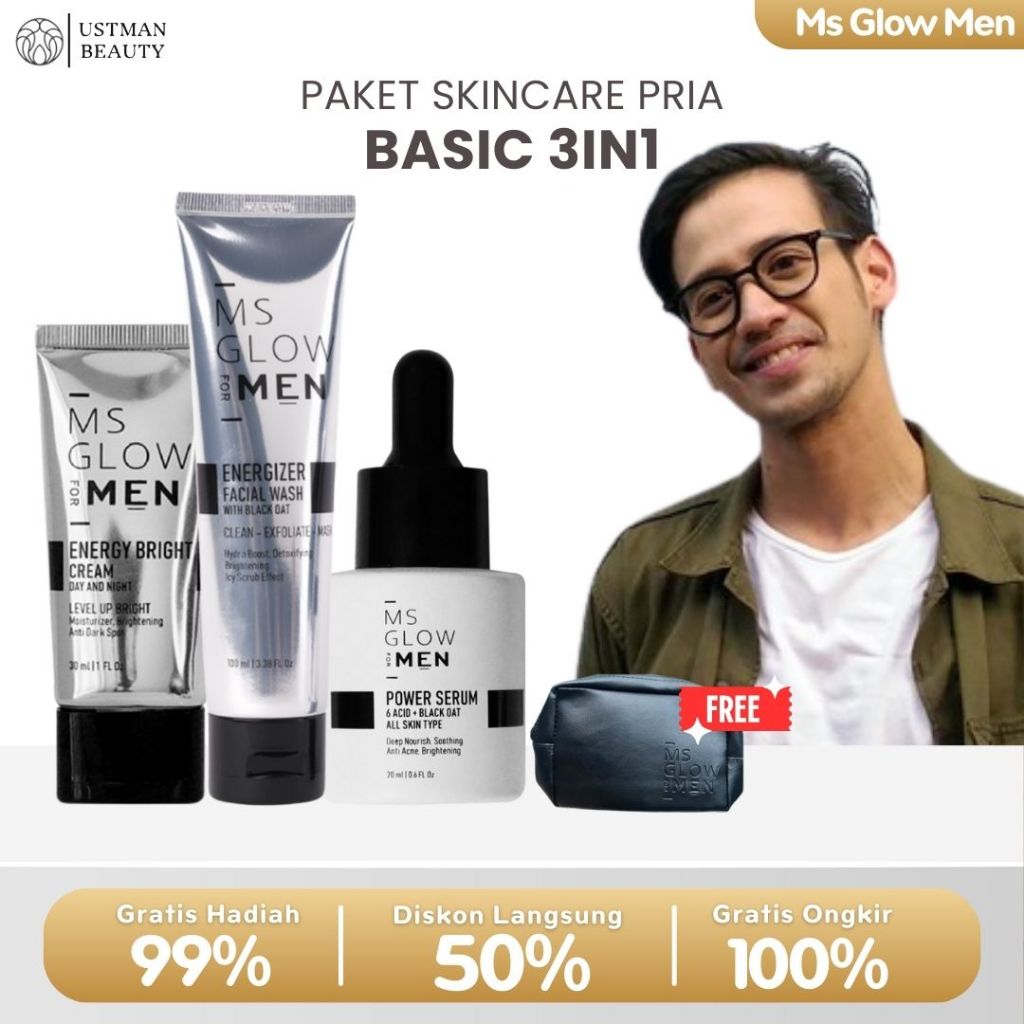 MS GLOW FOR MEN Paket Basic Skincare Perawatan Wajah Cowok dan Pria Original Ms Glow Men Official St