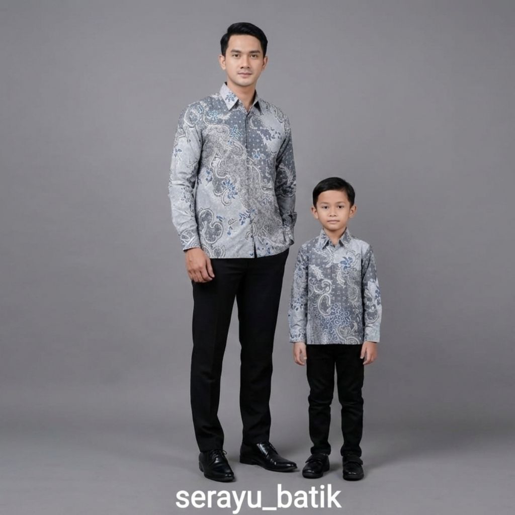 Baju Batik Couple Bapak Dan Anak Katun Solo Premium Warna Silver Lengan Panjang Batik Pasangan Ayah 
