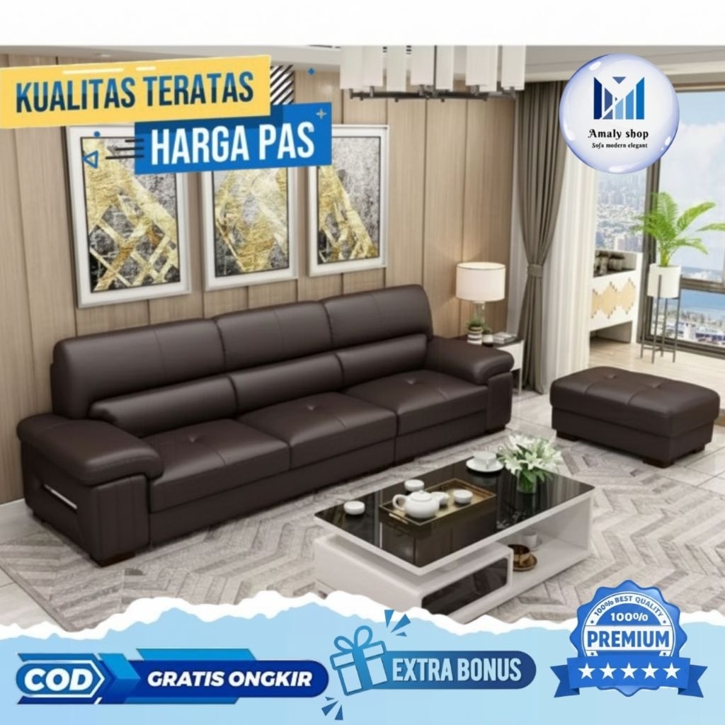 Sofa Kulit 3 Seater + Stool (Coklat) Minimalis Kursi Tamu Model Terbaru Super Mewah Kualitas Bahan P