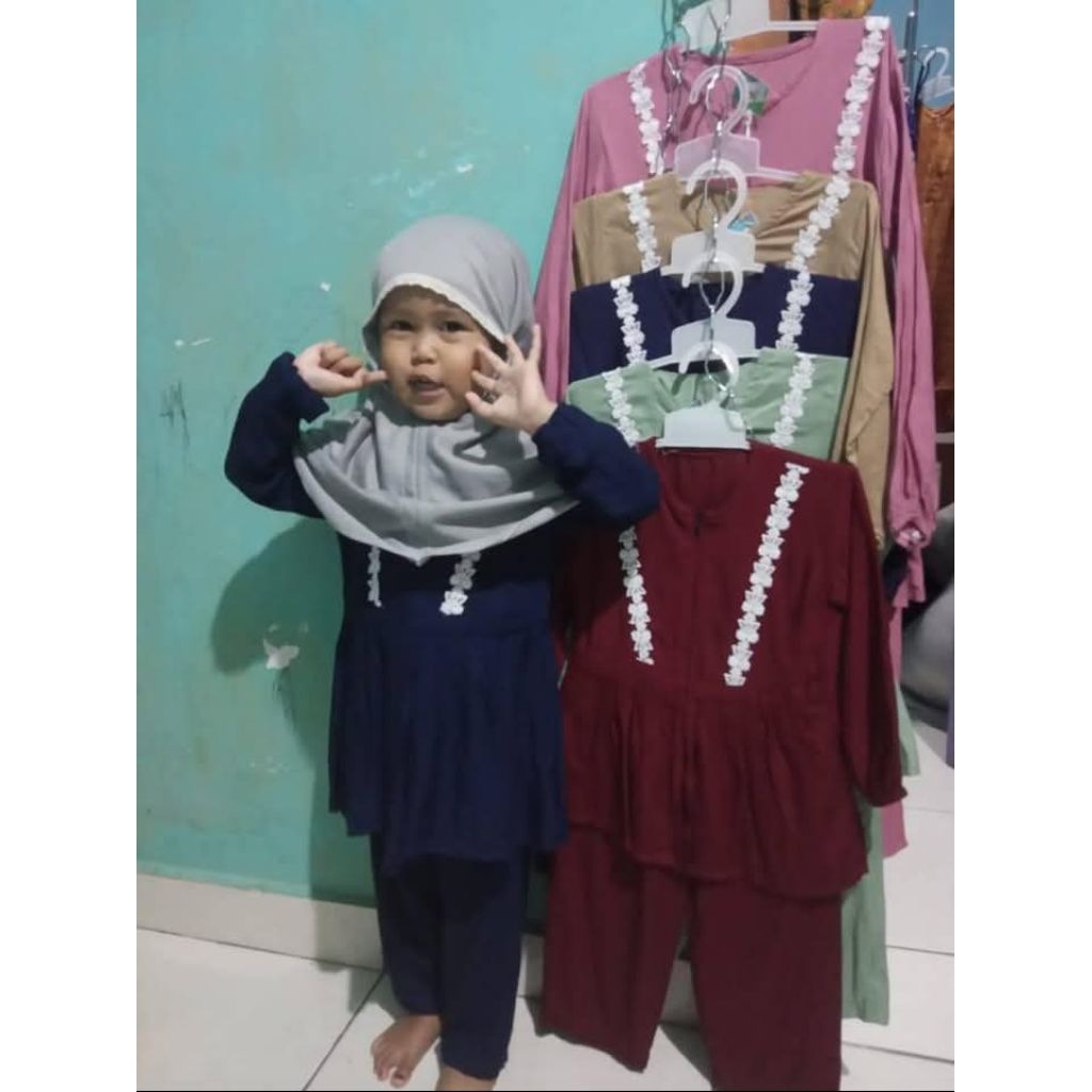 Setelan tunik renda rayon twill/setelan anak perempuan rayon twill/set tunik babydol rayon twill