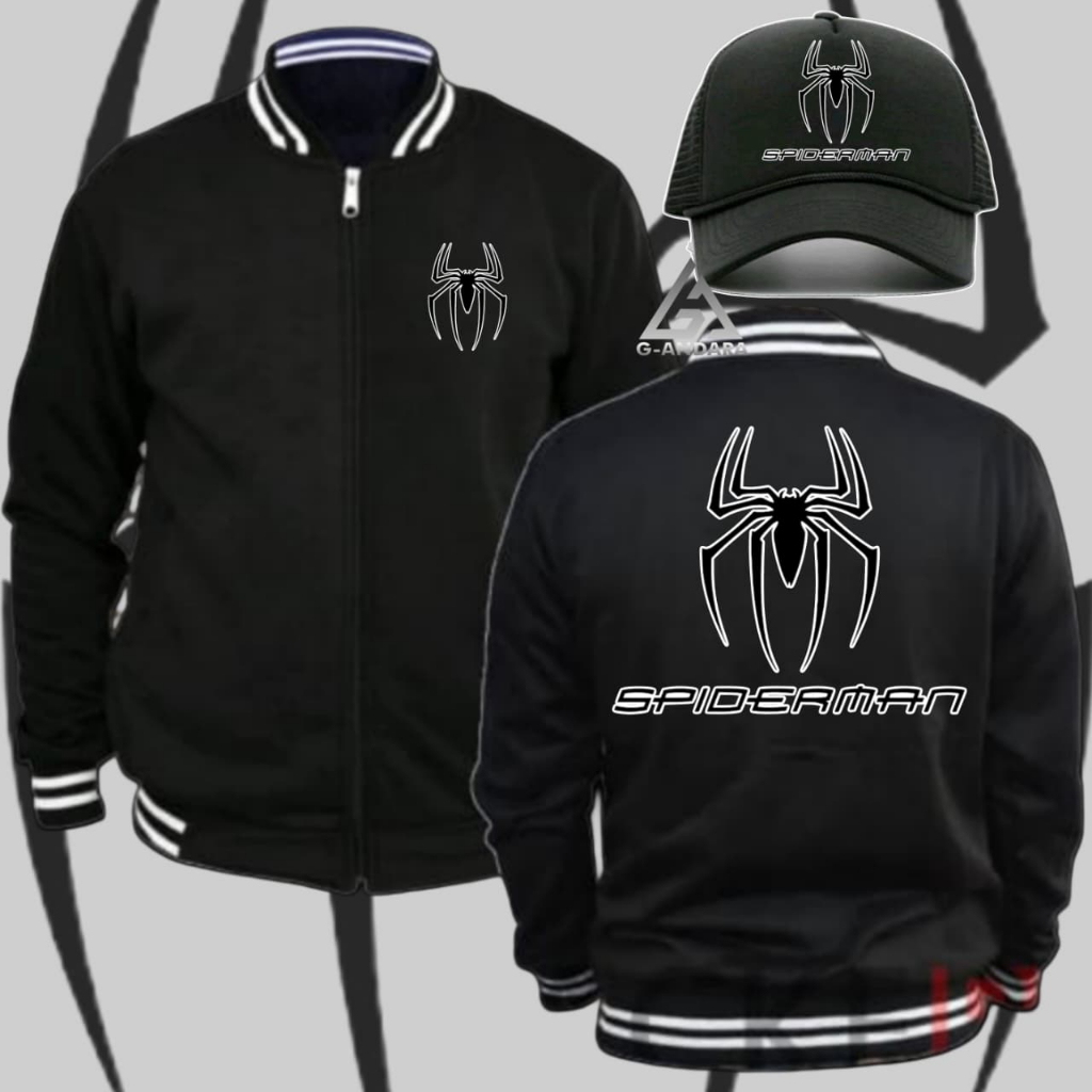 JAKET VARSITY DAN TOPI LOGO BLACK MANUSIA LABA-LABA SPYDER KEREN