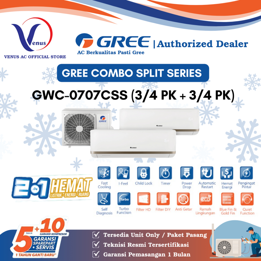 AC GREE 0.75 + 0.75 PK / 3/4 + 3/4 PK COMBO SPLIT SERIES GWC-0707CSS PAKET PASANG / UNIT ONLY