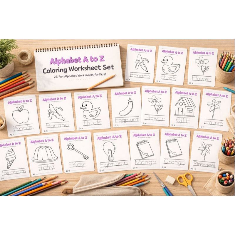 Worksheet Mewarnai Huruf A-Z + Bonus 8 Spidol Warna | Lembar Belajar Alphabet untuk Anak PAUD TK SD