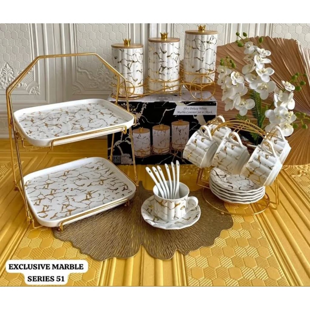 Tempat Kue Buah Keramik Rak Susun Tingkat 2 Motif Marble Fiorenza 388