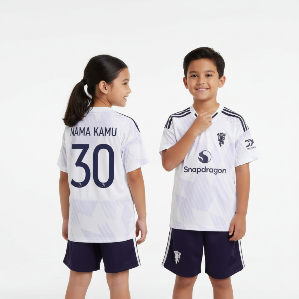 KIDS Jersey Mnchstr Untd Away 2025 2026 Baju Bola Warna Putih Anak Patch Premier League Custom Names