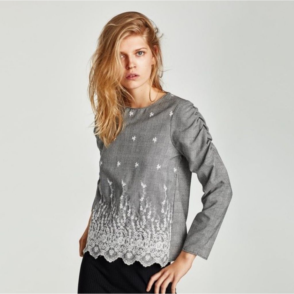 ZARA GREY EMBROIDERED BLOUSE
