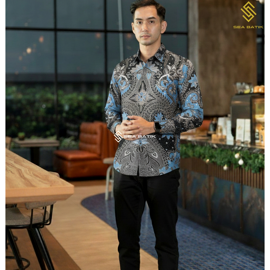 SEA BATIK - SATYA BIRU MUDA Kemeja Batik Lapis Furing Lengan Panjang Asli Solo Biru