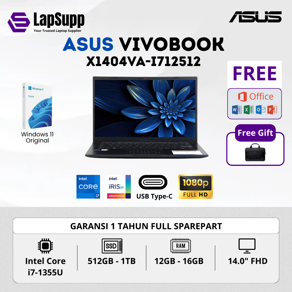 LAPTOP TERBARU ASUS VIVOBOOK X1404VA-I712512 INTEL CORE  i7-1355U RAM 16GB SSD 1TB INTEL IRIS GRAPHI