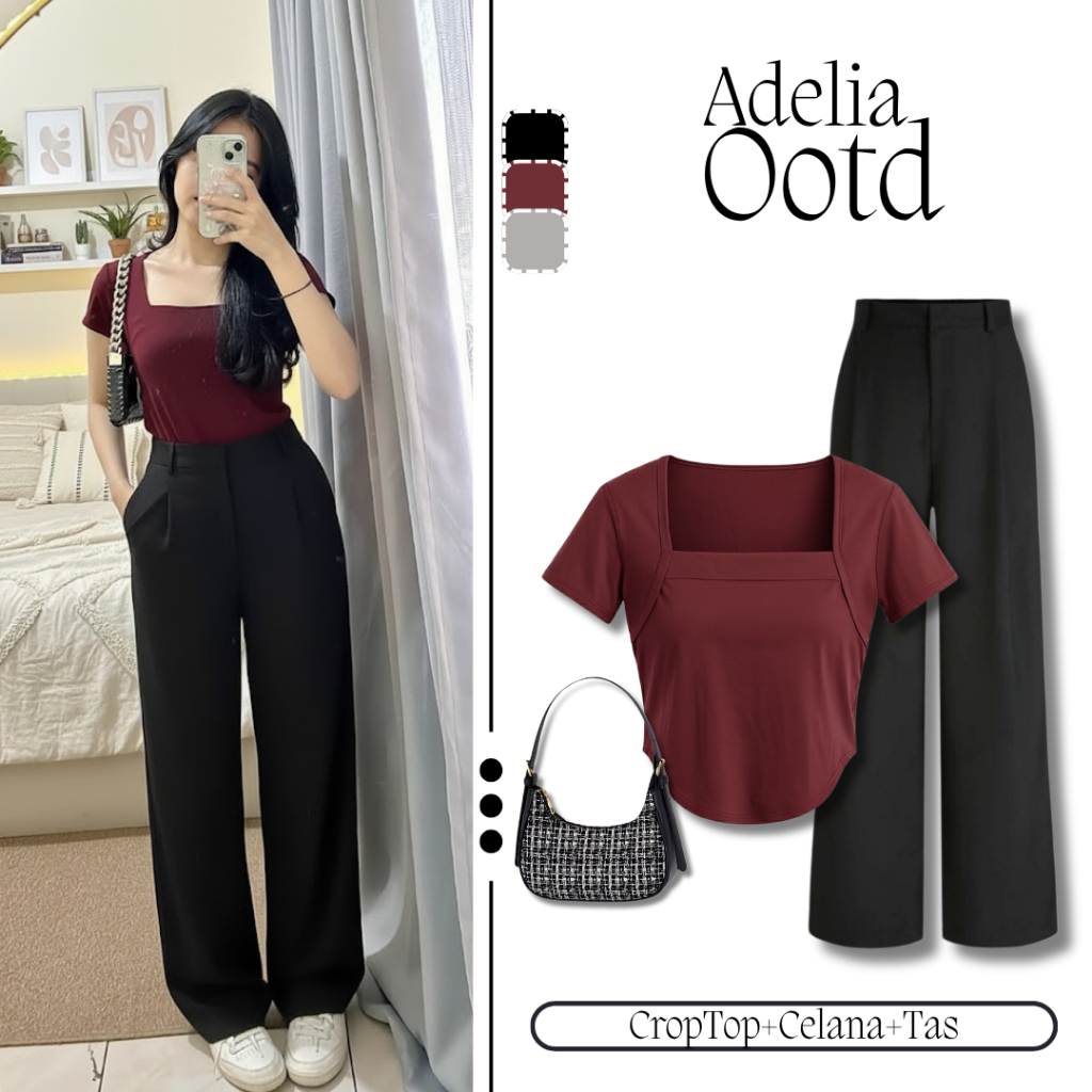 Outfit Set Wanita Korean Look 3in1 [CropTop+Celana Jennie+Tas] OOTD cewek kekinian yang lagi viral H