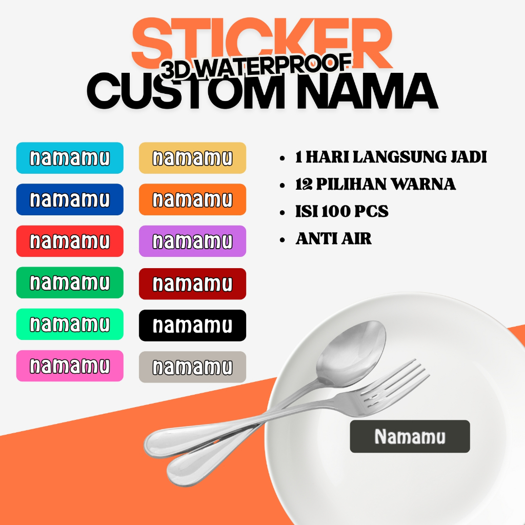 Stiker Nama Waterproof Stikel Label Custom Nama Stiker Barang Anti Air Perabotan Alat Sekolah Timbul