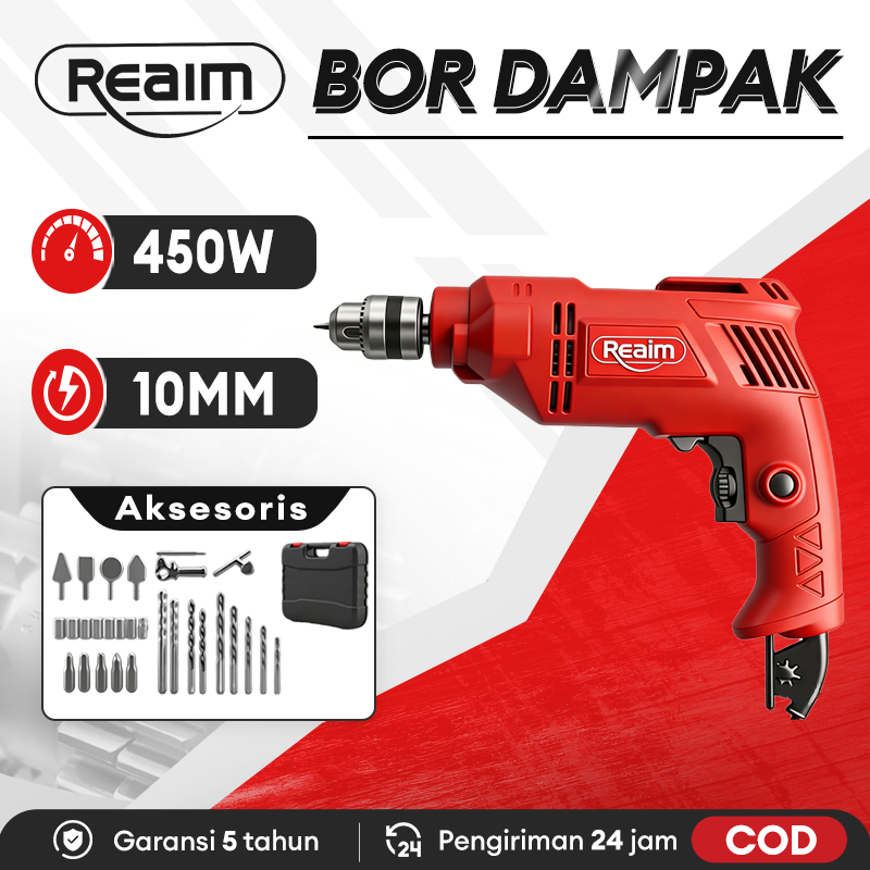 Reaim Bor Listrik 10mm Mesin Bor Bor Impact Bolak Balik Bor Listrik Impact Impact Drill Listrik