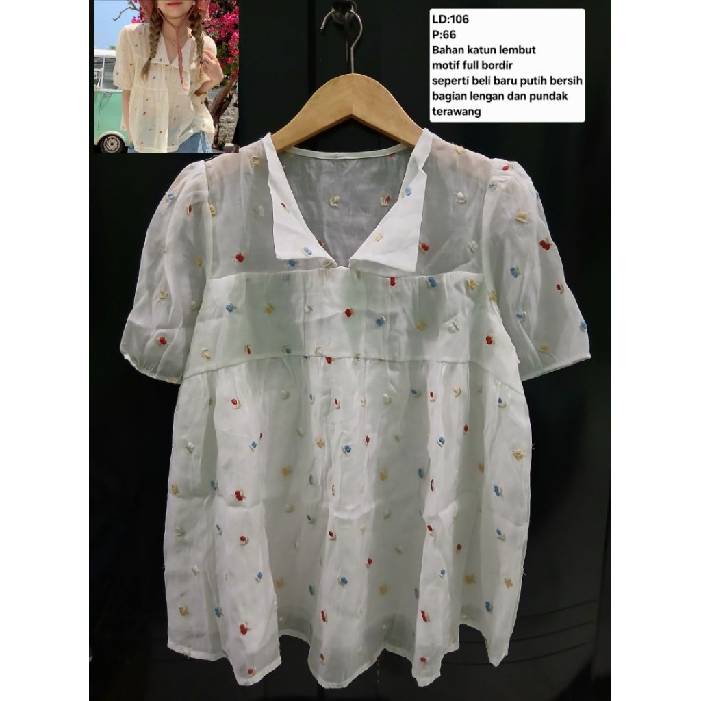 (COD)Atasan blouse korean style wanita warna putih motif bunga bordir