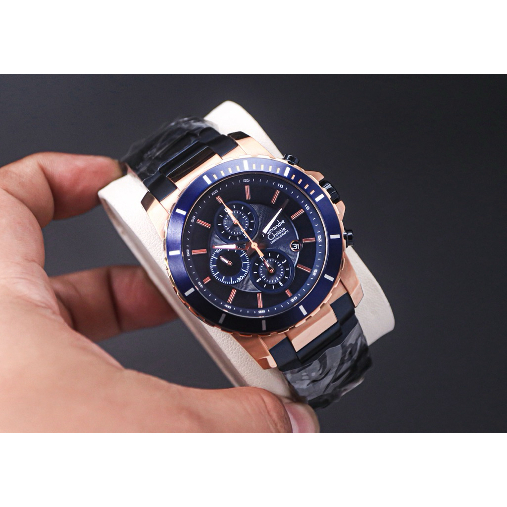jam tangan Alexandre Christie Chronograph AC 6141 MC berwarna biru dan emas mawar dengan tali baja t