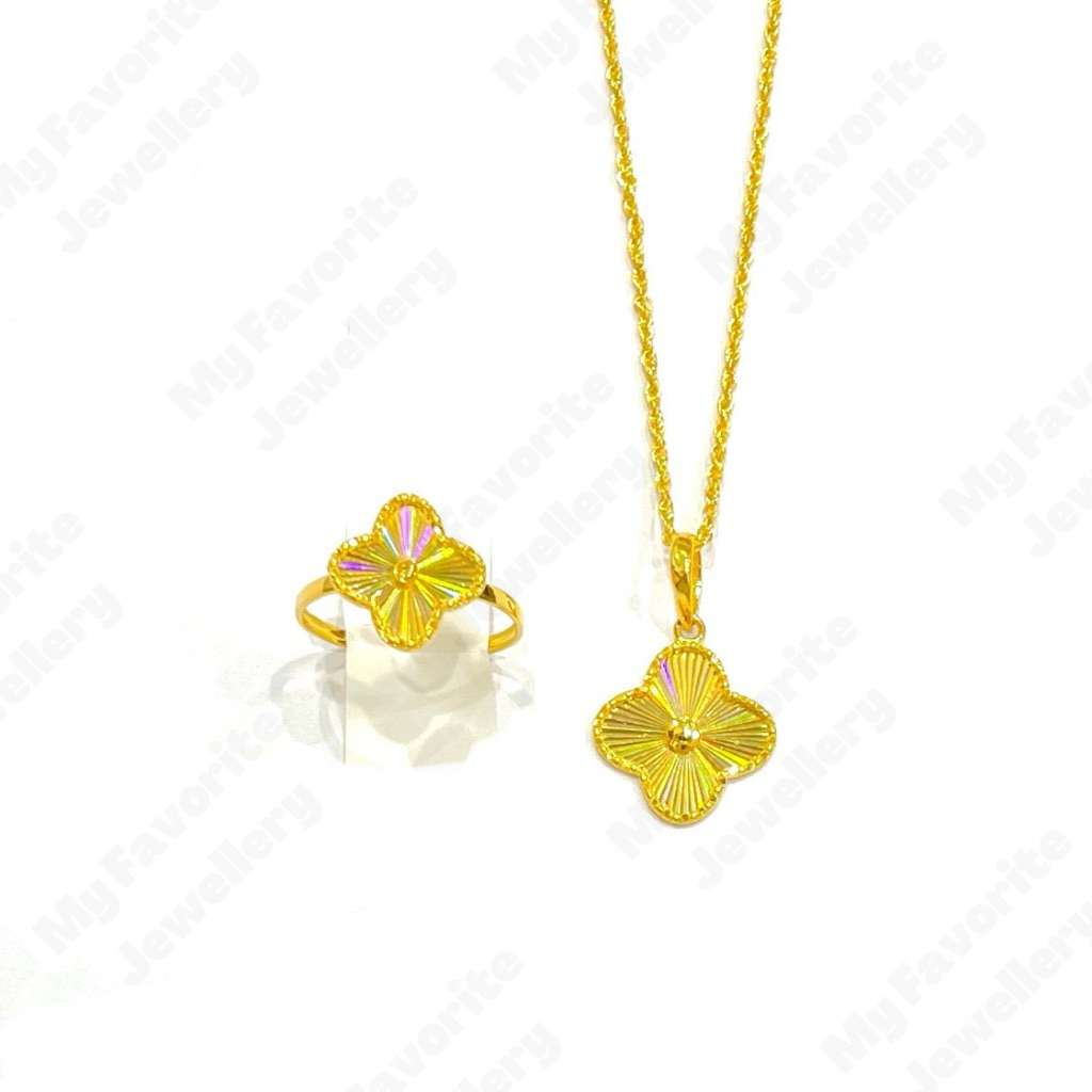 Cincin dan Liontin Clover Kristal Uk13 Uk18 Emas Asli Kadar 700 16K
