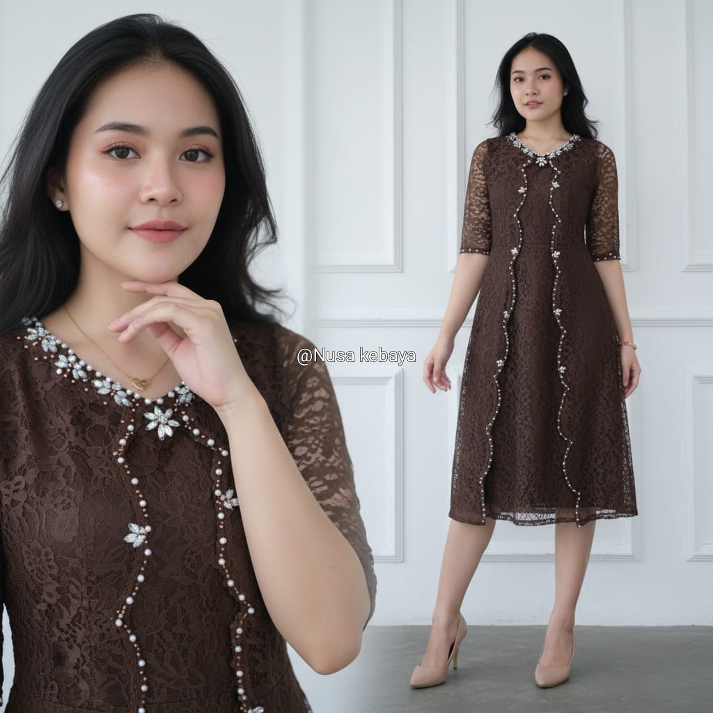 Nusa_Kebaya Drees Gabriela Mix Payet Brokat  / Dres Kondangan Pesta / Dres Natal / Midi Dres Natal