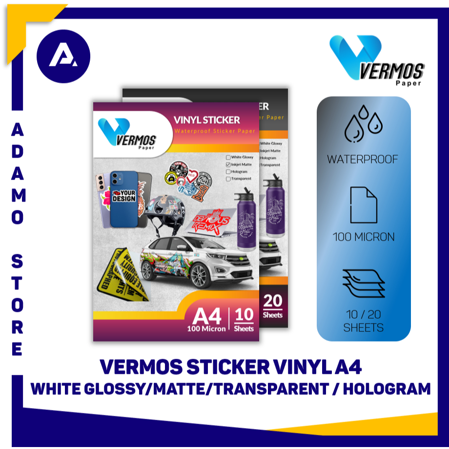 Kertas Stiker Vinyl Vermos A4 Sticker Vinyl Vermos A4  Waterproof Stiker Vinyl 10 / 20 Sheets Glossy
